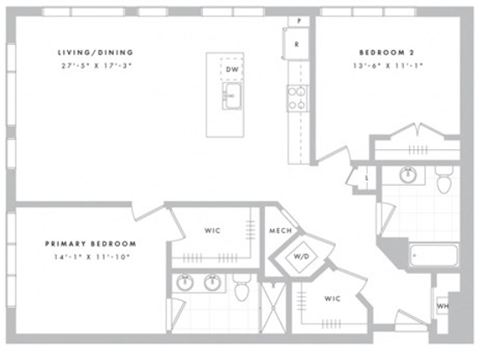 Floor plan for 2 beds, 2 baths, 1301 sqft